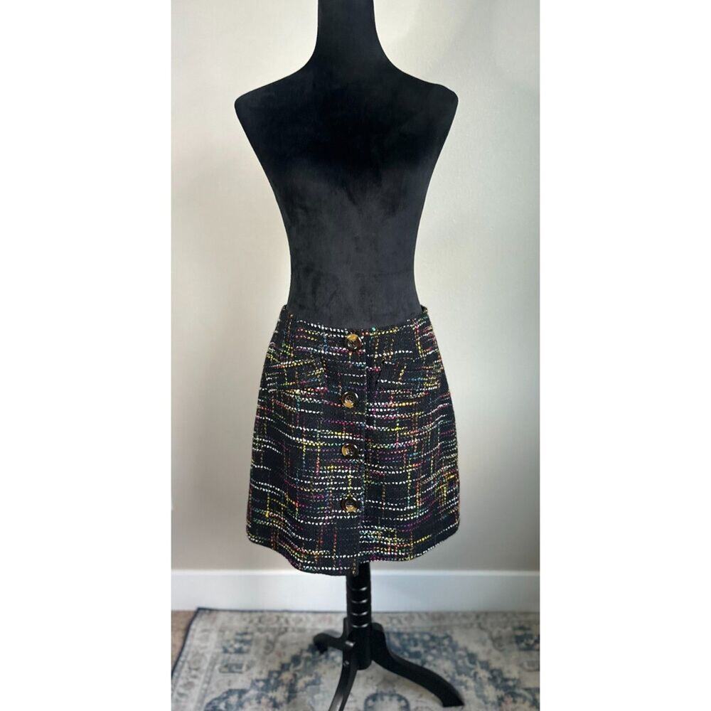 NWOT TRINA TURK Black A-Line Mini Tweed Wool Button Front Skirt Size 10